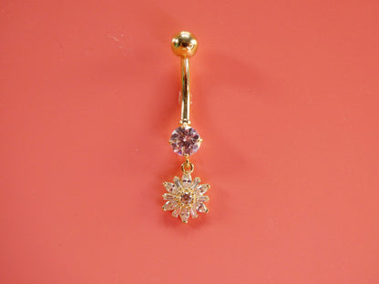 14k Real Solid Yellow Gold Dangling Flower Belly Button Ring piercing