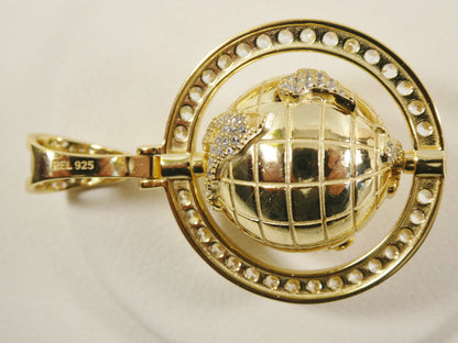 Real 925 Sterling Silver Globe Charm Pendent 14k Yellow Gold Finish