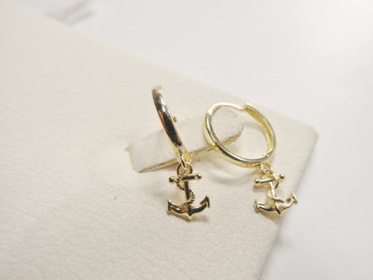 Real 10k Solid Yellow Gold Designer Anchor Drop Hoop Huggie Earrings