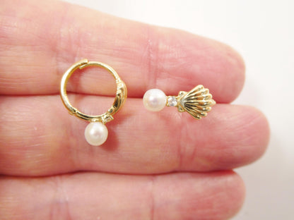 Real 10k Solid Yellow Gold Shell Cultured Freshwater Pearl Plain Hoop Huggie Earrings