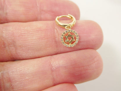 10k Real Solid Gold Star David Dangle On Plain Huggie Fancy Earrings