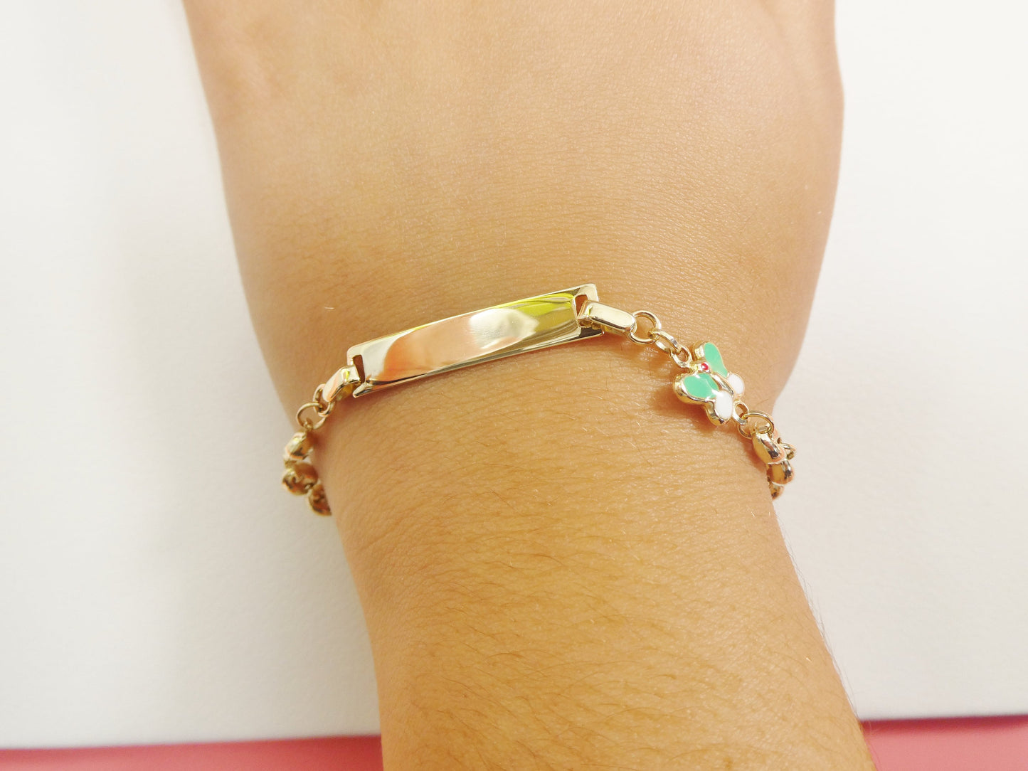 14k Yellow Gold Baby ID Bracelet: Enamel Butterfly Mariner Chain