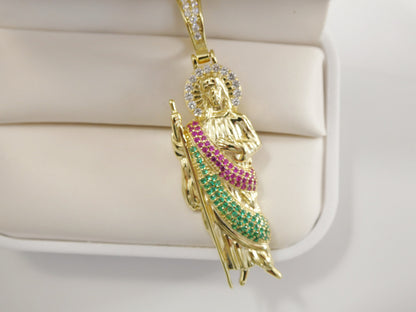 Real Solid 925 Sterling Silver Large Color Stone Saint Jude Pendent