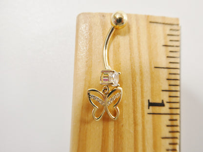 14k Real Solid Yellow Gold Butterfly Dangling Belly Button Ring Piercing