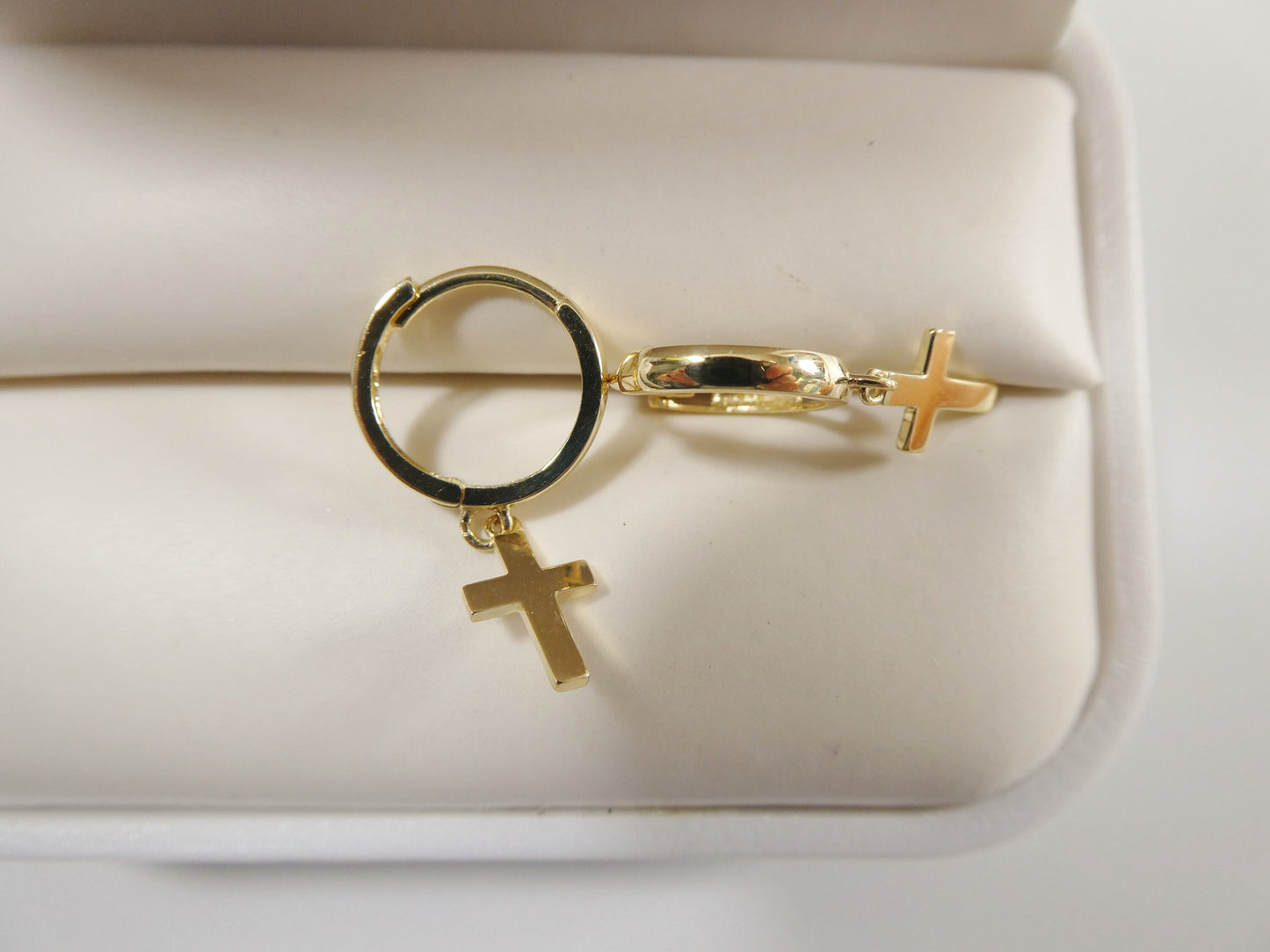 real 10k solid yellow gold cross dropping hoop huggie earring