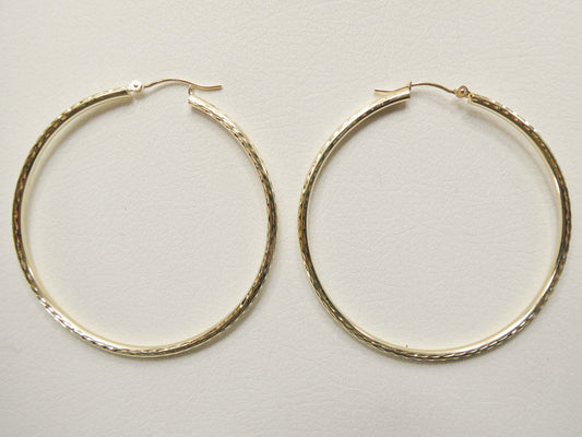 10K real solid yellow gold 50mm round hoop earring snap closure full diamond cut finish