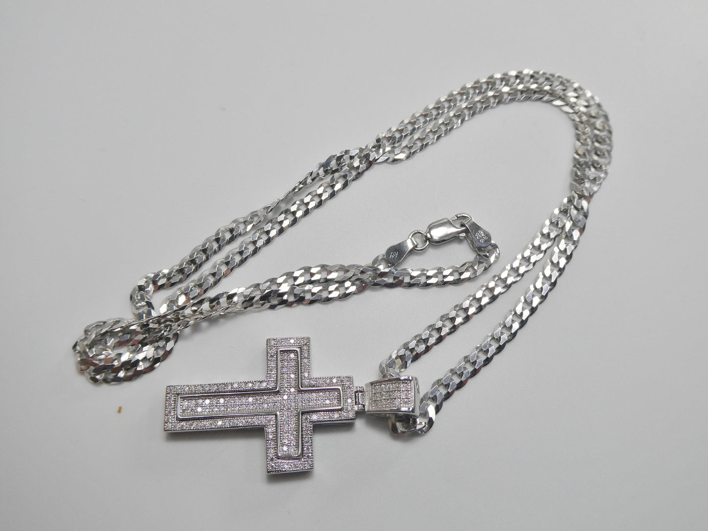 real 925 sterling silver 22 inch flat chain and moissanite cross pendent charm