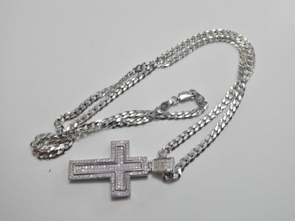 Real 925 Sterling Silver 22 Inch Flat Chain and Moissanite Cross Pendent Charm