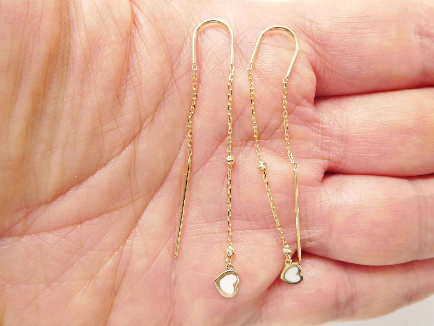 14k real solid yellow gold white heart enamel long dangling earrings