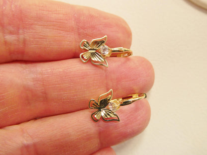 Real 10k Solid Yellow Gold Designer Butterfly Hoop Huggie Earrings