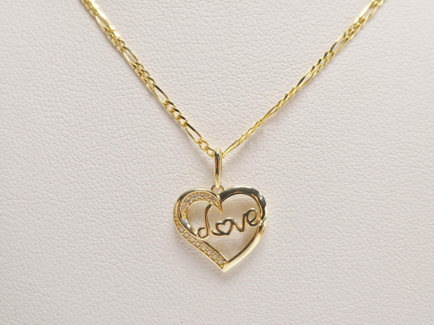 10k Yellow Gold Figaro Chain Necklace with Love Heart Pendant
