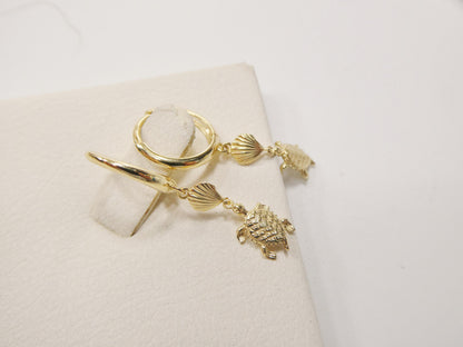 10k Real Yellow Gold Turtle Dangle Plain Huggie Earrings