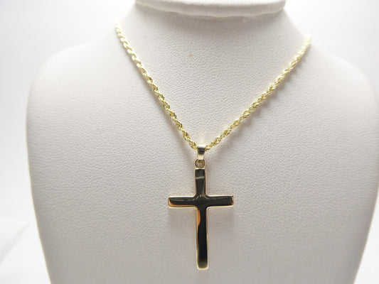 14k real solid yellow gold super polish cross pendent and robe chain necklace