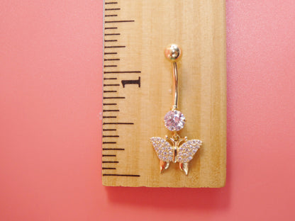 14k Real Solid Yellow Gold Dangling Butterfly Belly Vutton Ring Piercing