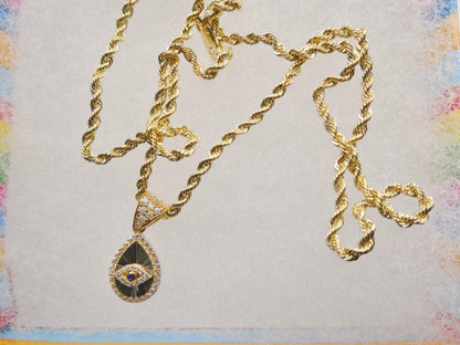 10k Real Solid Yellow Gold Evil Eye Pendent and Rope Necklace