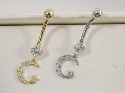 14k Real Solid Yellow Gold Dangling Moon And Star Belly Button Ring Piercing