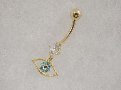 14k Real Solid Yellow Gold Evil Eye Dangling Belly Button Ring Piercing