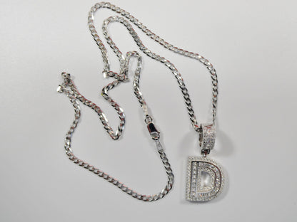 Real 925 Sterling Silver Baguette Initial Pendent With 18 Inch Small Miami Chain