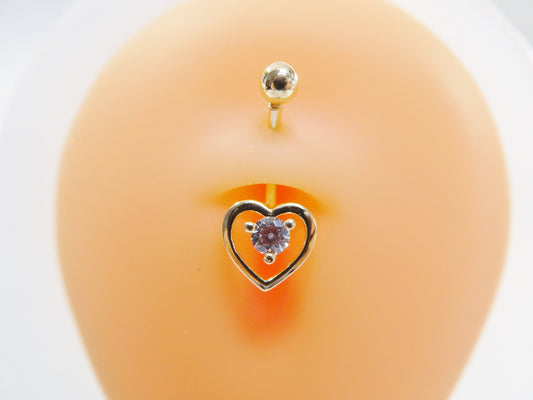 14k real solid yellow gold heart belly button ring piercing