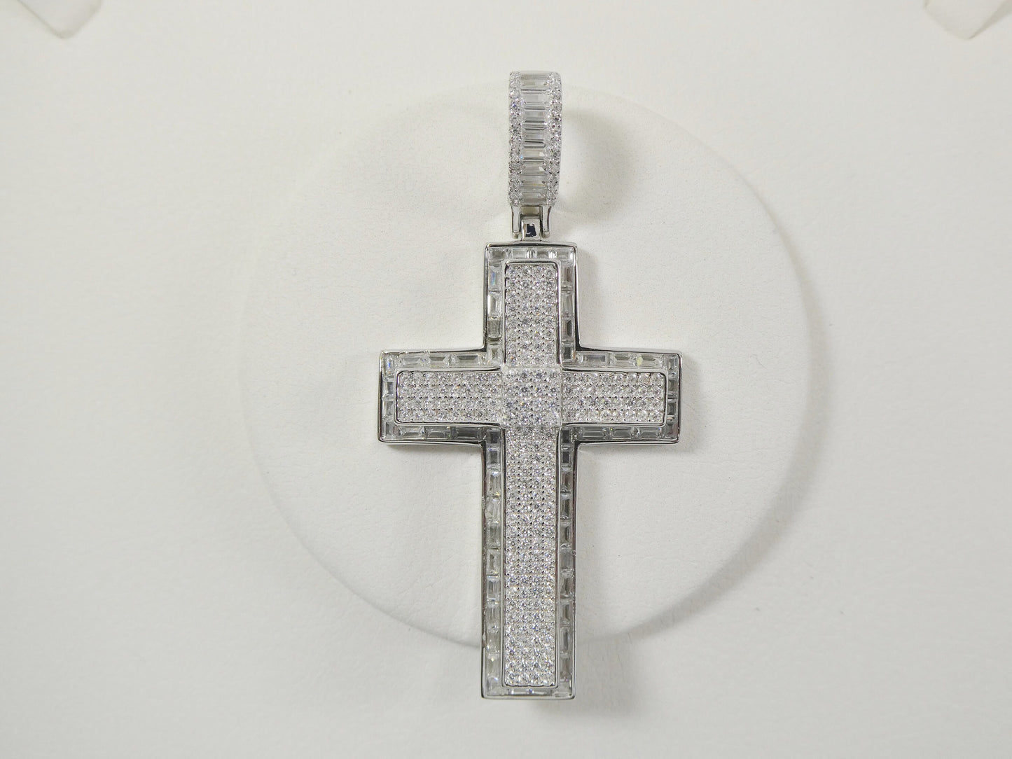 Sterling Silver Cross Charm Pendant: Iced Out, 14k White Gold Finish