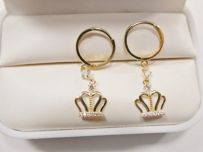 Real 10k Solid Yellow Gold Crown Hoop Huggie Earring