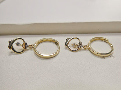 Real 10k Solid Yellow Gold Designer Heart Dangling Hoop Huggie Earrings