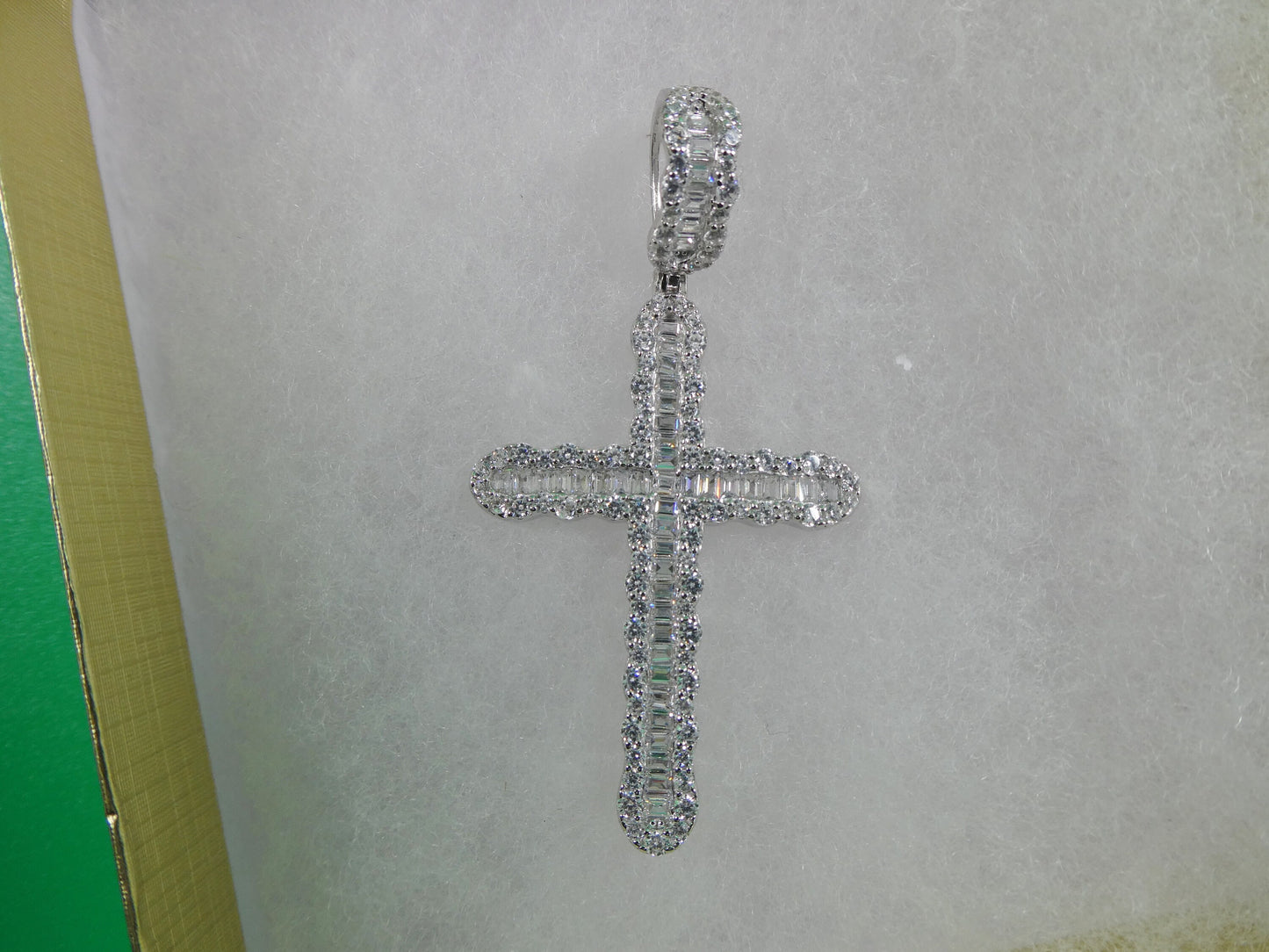 14k white gold color tone large cross charm pendent over real 925 sterling silver