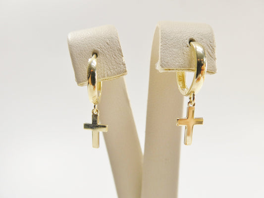 real 10k solid yellow gold cross dropping hoop huggie earrings
