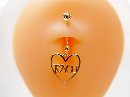 14k Real Solid Yellow Gold Heart I Love You  Belly Button Ring Piercing