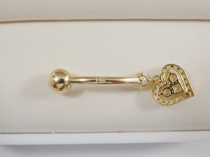 14k Real Solid Yellow Gold Dangling Heart Belly Button Ring Piercing