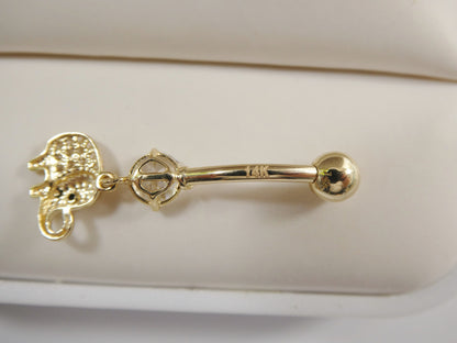 14k Real Solid Yellow Gold Elephant Dangling Belly Button Ring Piercing