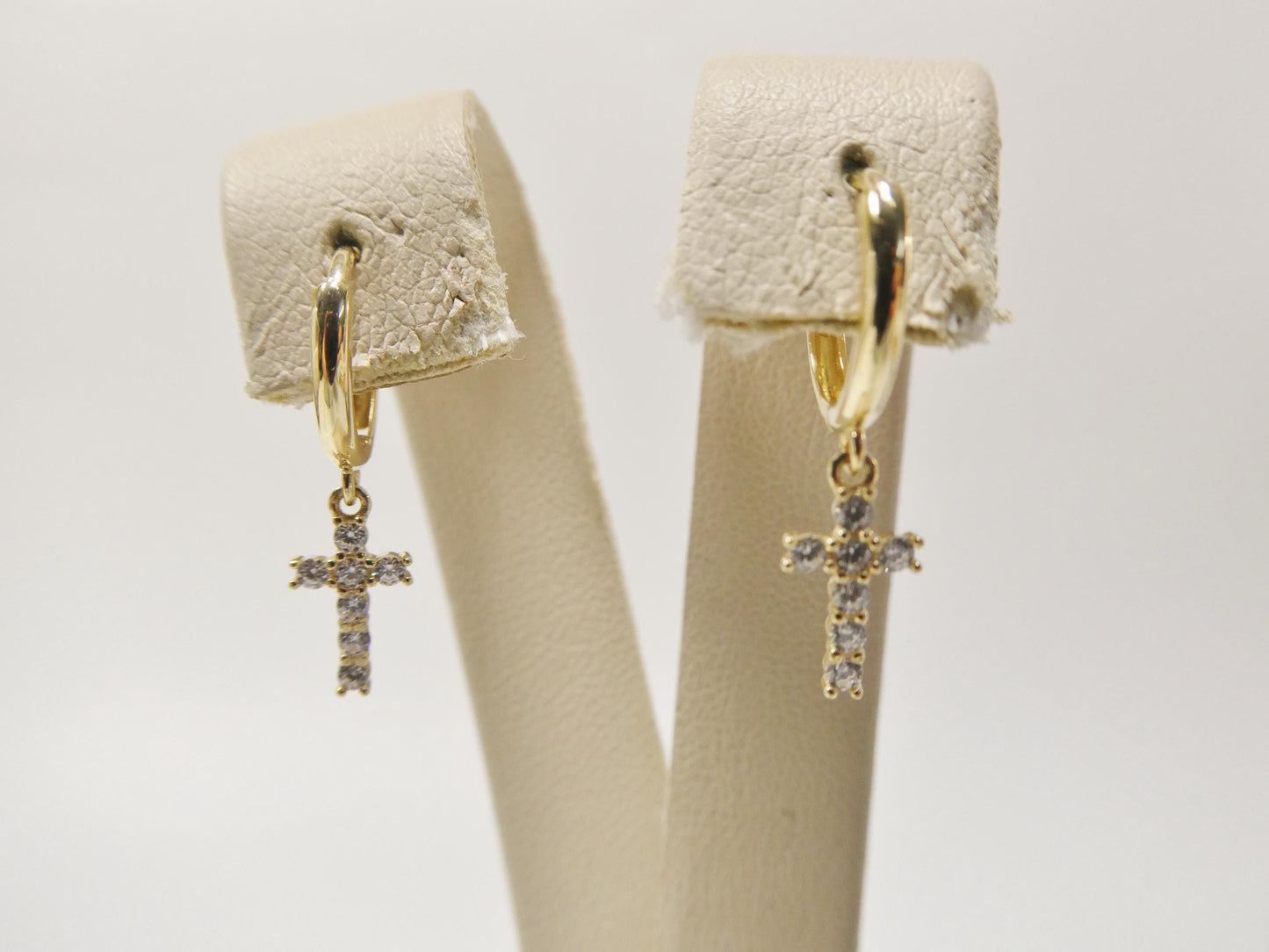 real 10k solid yellow gold cross dropping hoop huggie earring