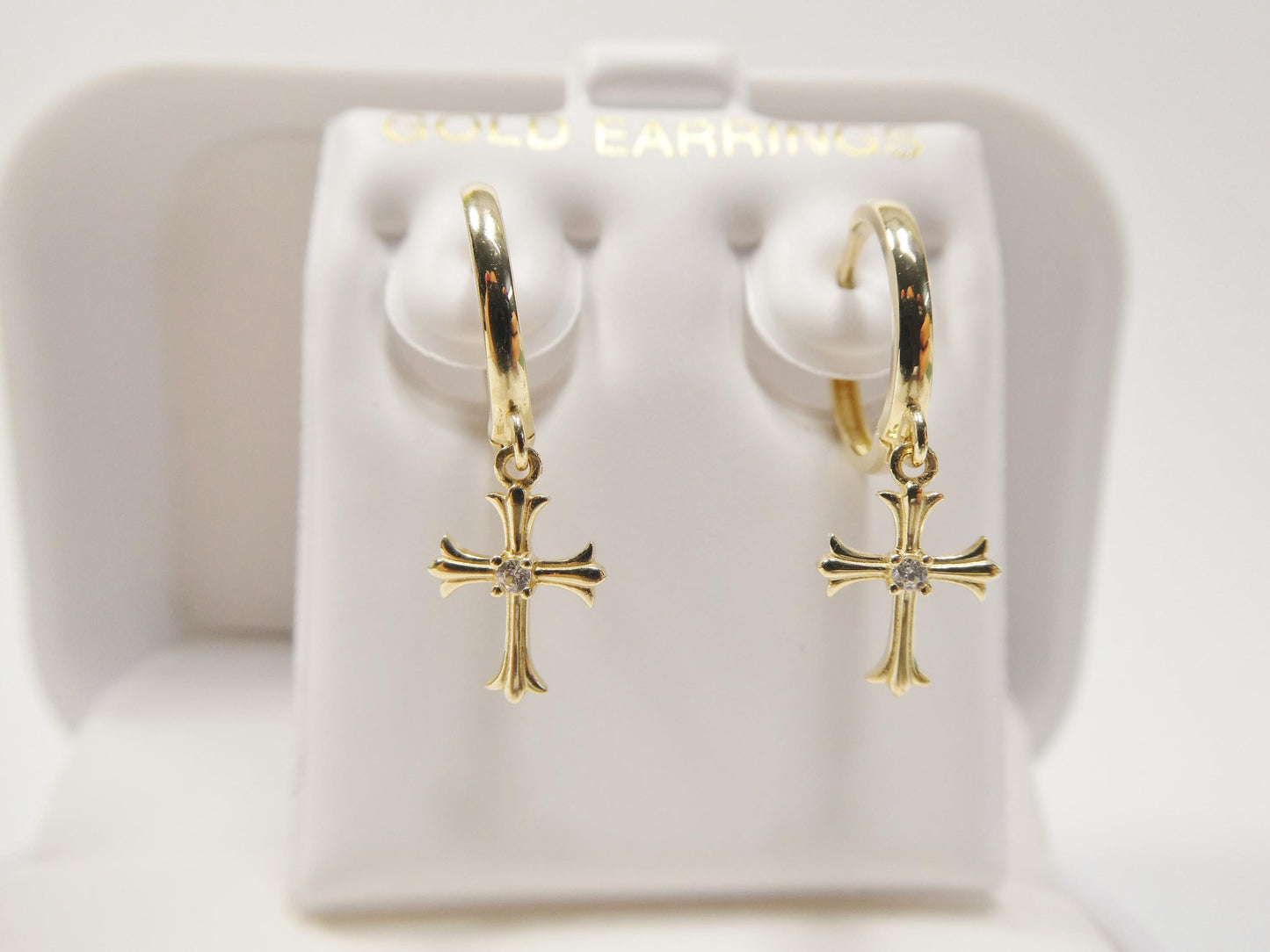 real 10k solid yellow gold cross dropping hoop huggie earring