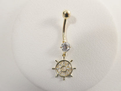 14k Real Solid Yellow Gold Ship Wheel Dangling Belly Button Ring Piercing