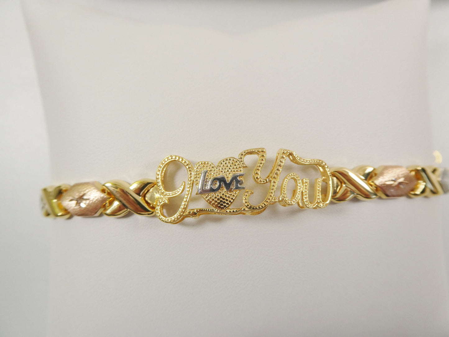 Sterling Silver I Love You XO Bracelet - Tri Color 14k Gold Finish