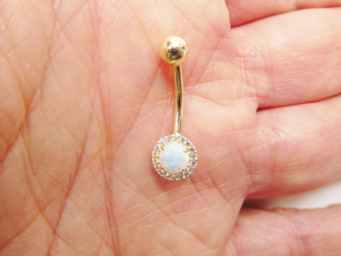 14k real solid yellow gold circle opal belly button ring piercing