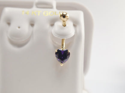 14k Real Solid Yellow Gold 6mm Heart Amethyst Stone Belly Button Ring Piercing