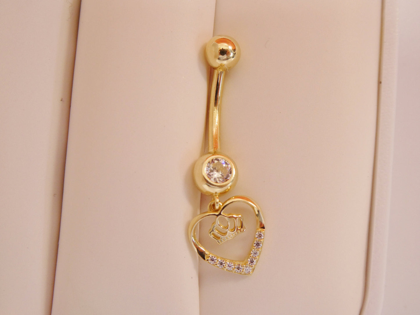 14k real solid yellow gold dangling crown heart belly button ring piercing
