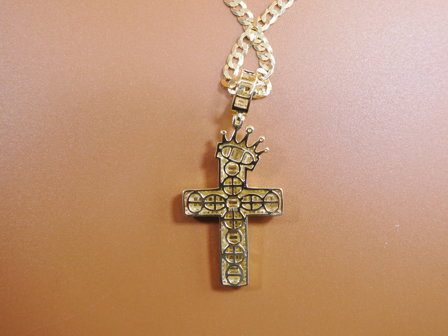 14k Gold Tone Cross Pendant: Sterling Silver Cuban Chain, 24 Inch