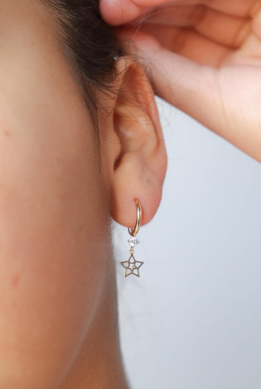 real 10k solid yellow gold designer star hoop huggie earrings