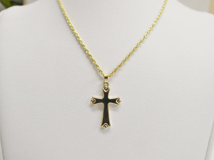 14k Real Solid Yellow Gold Super Polish Cross Pendent and Robe Necklace
