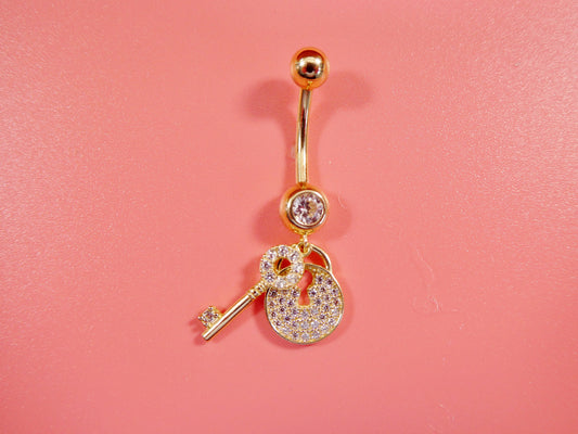14k real solid yellow gold dangling lock and key belly button ring piercing