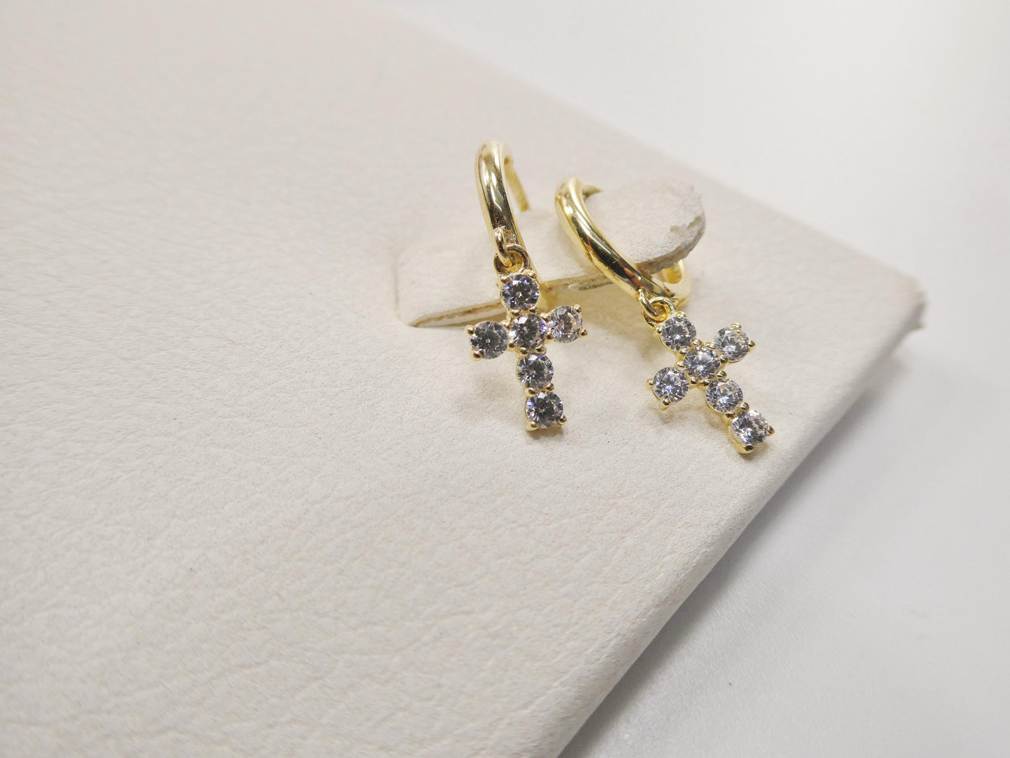 real 10k solid yellow gold cross dropping hoop huggie earrings