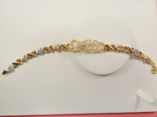 real 925 sterling silver I love you x and heart stampato bracelet 14k yellow gold  tri color tone finish
