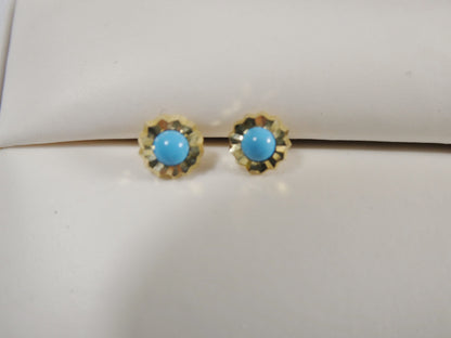 Real 10k Solid Yellow Gold Small Round Turquoise Push Post Stud Earrings