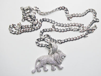 Real 925 Sterling Silver Full Stone Setting Small Lion Chain and Pendent