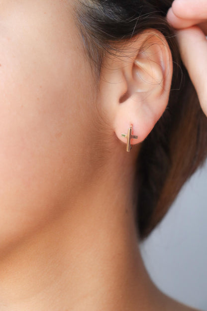 Real 10k Solid Yellow Gold Cross Hoop Huggie Earrings