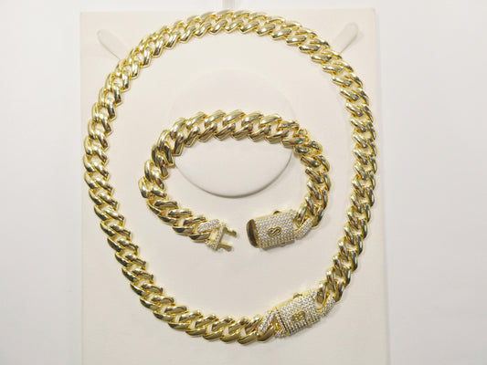 14k gold filled 14mm Monaco Cuban necklace set
