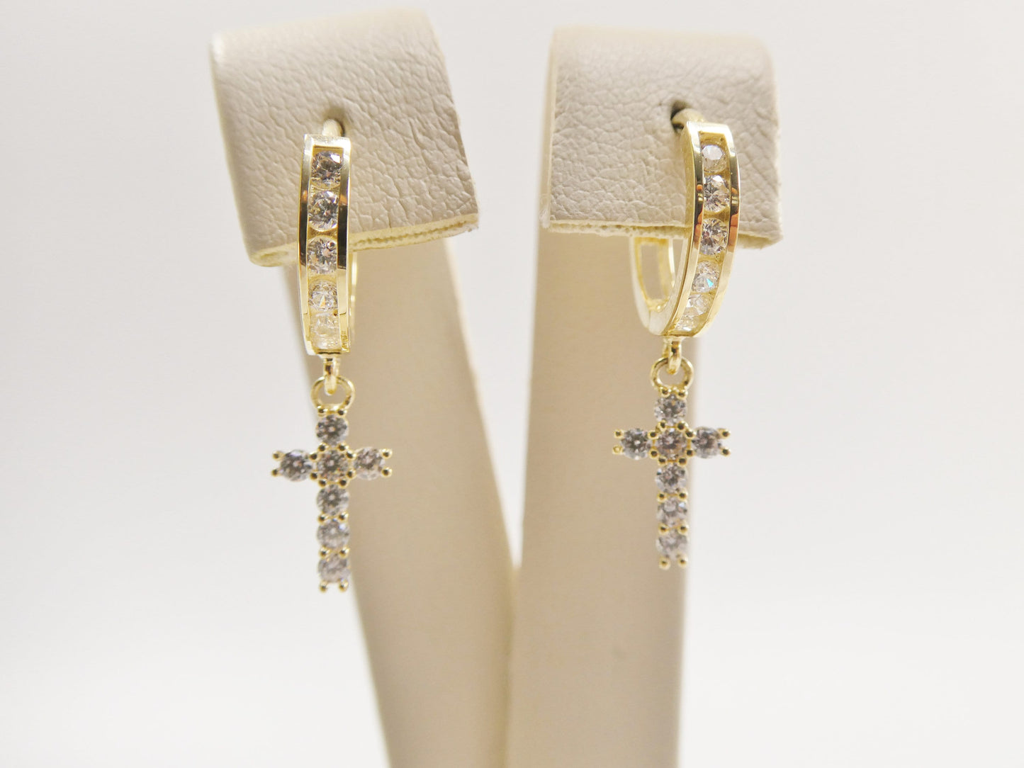 10k Yellow Gold Huggie Hoop Earrings: Cubic Zirconia Cross Dangle