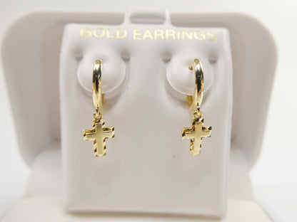 Real 10k Solid Yellow Gold Cross Dropping Hoop Huggie Earrings
